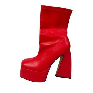Women's Red Faux Leather Square Toe Platform Flared Heels Ankle Boots Size 9.5